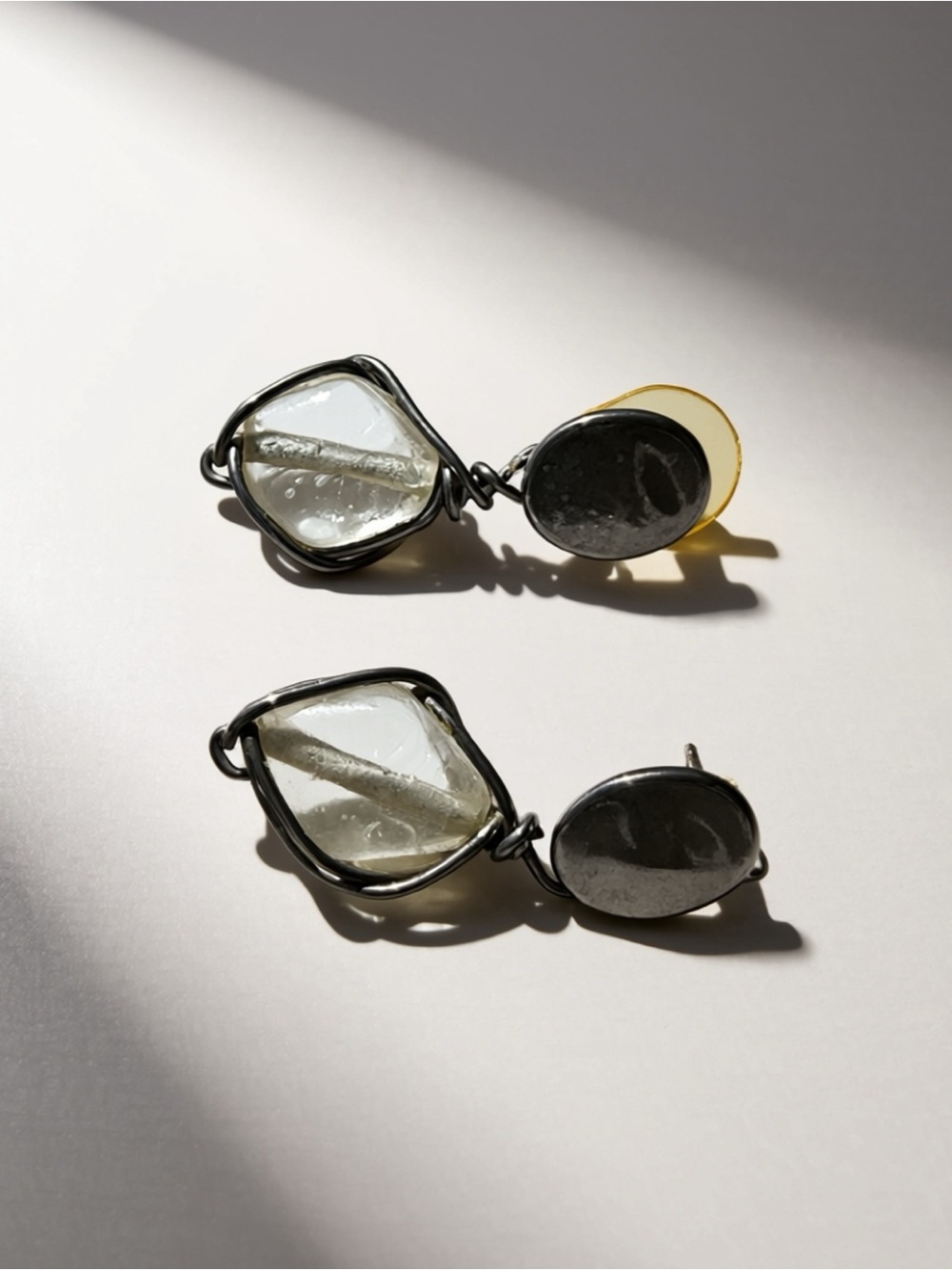 Artisan Wire-Wrapped Clear Quartz Dangle Earrings - Hammered Silver Post
